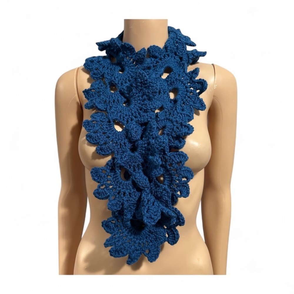 Handmade Elegant deep Blue lace pattren Crochet Scarf 41” length